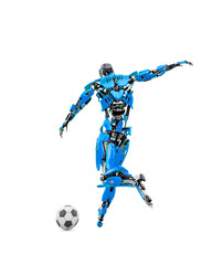 master cyber robot is kicking the football ball rear view