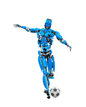 master cyber robot is kicking the football ball