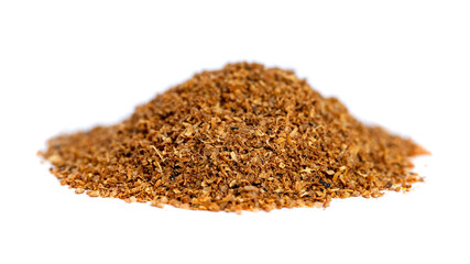 Pile of ground coriander on white background, spice