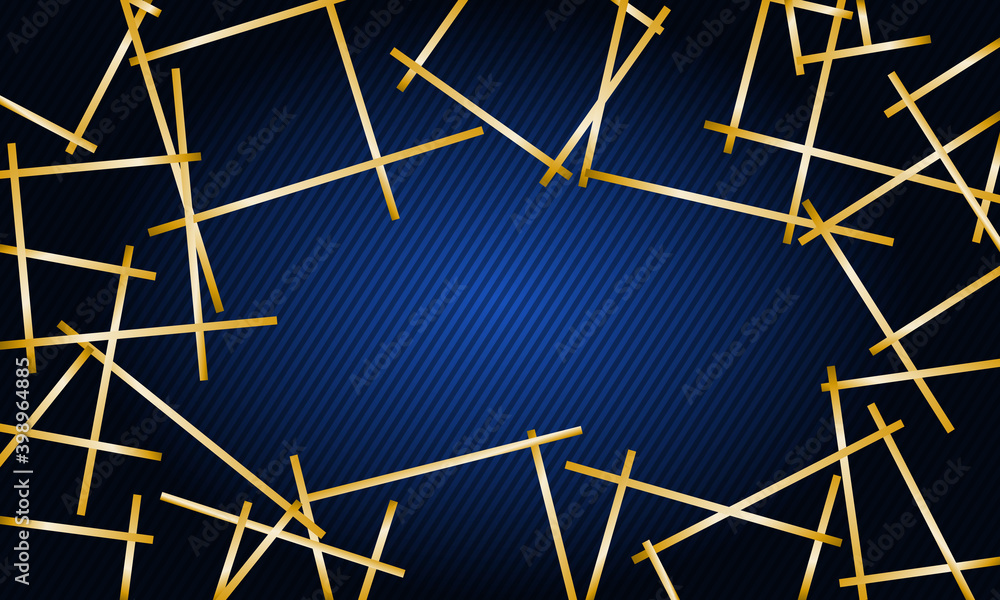 Poster abstract blue background with stripes and chaos golden lines around like frame.