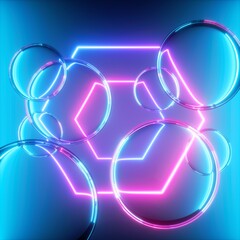 3d render, abstract background with glass balls and glowing laser hexagon, translucent bubbles and pink blue neon light