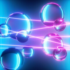 3d render, abstract background with glowing laser rays and glass balls, shiny clear bubbles
