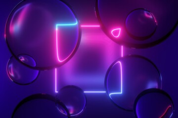 3d render, abstract modern neon background with glass balls and laser square in the middle. Glowing rectangular geometric frame and translucent bubbles