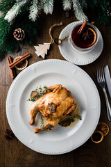 Roasted Christmas grilled chicken. Cooking at Christmas time