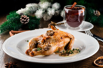 Roasted Christmas grilled chicken. Cooking at Christmas time