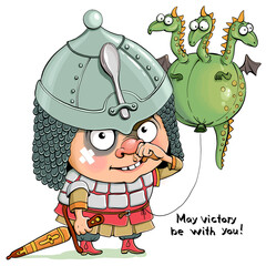 Vector cartoon. Cute funny knight after a fight with a scary green dragon. Black eye, but happy. With the phrase May victory be with you