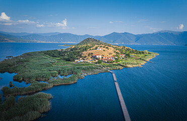 Fototapeta premium Agios Achillios aerial view of island, Florina. Prespa National Perk