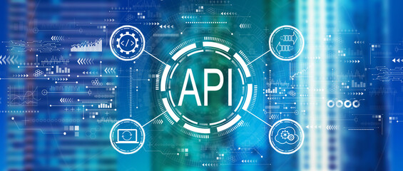 API - application programming interface concept with downtown skyline buildings