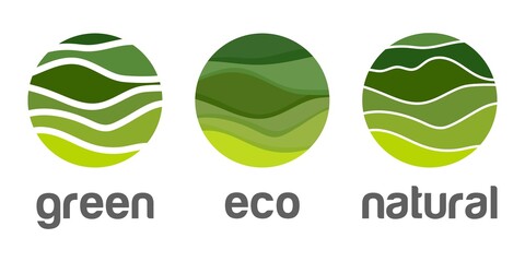 Abstract green logo vector icon, sign organic technology food and cosmetology.Design template symbol eco bio engineering, natural product. Illustration with nature Green wave background hill landscape