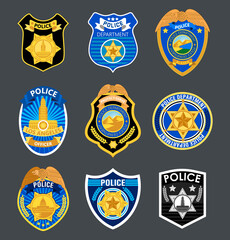 Naklejka premium Police badges set vector. Sheriff, marshal label illustrations. Law enforcement emblems for national days. Ranger, policeman medallions.