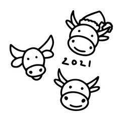 Doodle symbol of Chinese New Year 2021. Cute bull in Santa hat isolated on white background. Outline ox, cow as lunar zodiac sign. Happy New Year sticker, postcard, print. Vector holiday illustration
