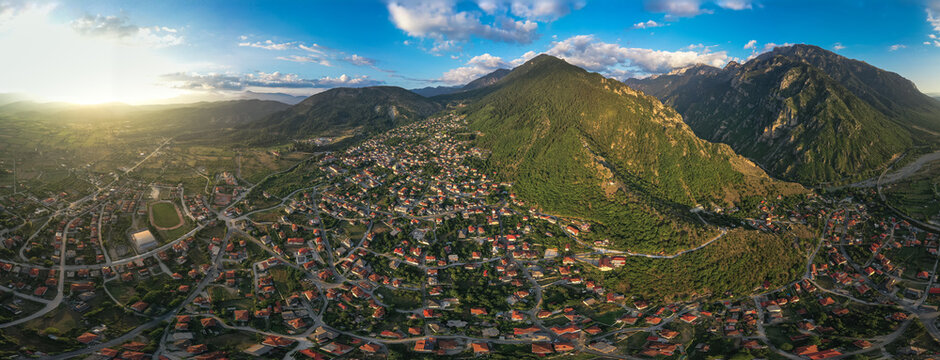 Wide panorama of  Konitsa town in Epirus Greece and Pindos mountain near group villages Zagorochoria