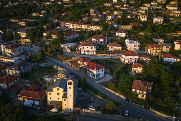 Aerial Photo of Konitsa town in Epirus Greece and Pindos mountain near group villages Zagorochoria
