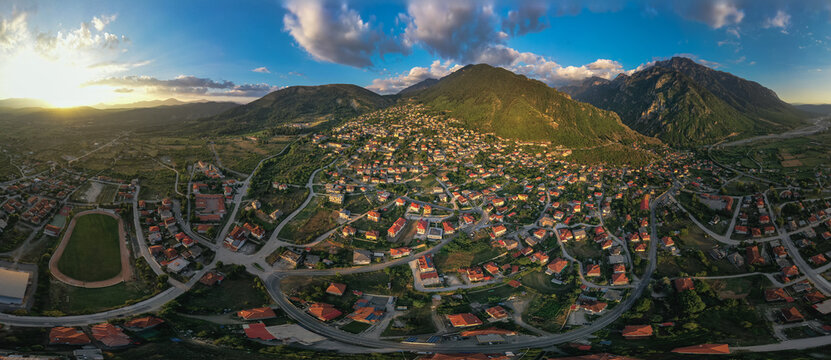 Wide panorama of  Konitsa town in Epirus Greece and Pindos mountain near group villages Zagorochoria