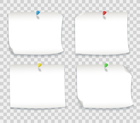 White paper notes with colored pins isolated on transparent background. Vector realistic mockup of blank sheets with curled corners and pushpins. Empty notepaper with thumbtack for notice