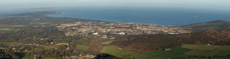 Panoramic view from the top of Great Sugar Loaf, Bray in Ireland, Wicklow near Dublin. Amazing weather