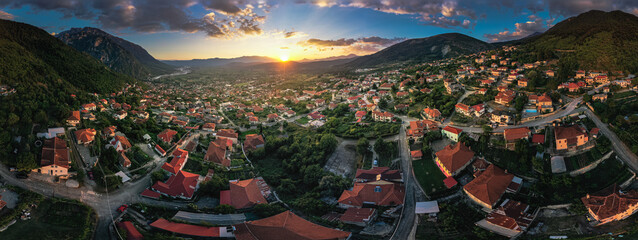 Wide panorama of  Konitsa town in Epirus Greece and Pindos mountain near group villages Zagorochoria