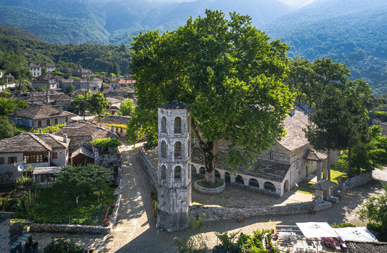Big ancient medieval tower in the town square of Papingo