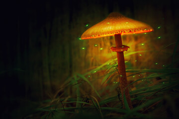 Magical glowing mushroom with fireflies flying around it