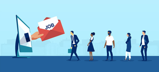 Vector of a businessman hand coming out of desktop computer screen with a job offer to a group of people waiting in line