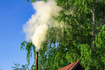 Fototapeta na wymiar smoke from the chimney of a house next to a birch tree against a blue sky