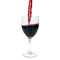 Red wine pouring into glass on a white background.