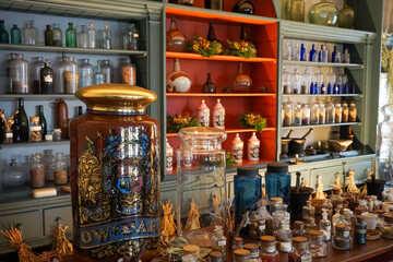 Glass jars inside an apothecary shop