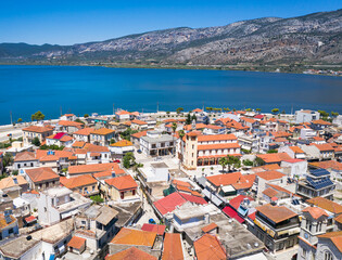 Naklejka na ściany i meble Aerial drone view of the famous island - fishing village of Aitoliko in Aetolia - Akarnania, Greece