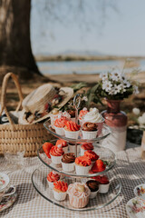 little cute cupcakes in a beautiful picnic with flowers by the lake 