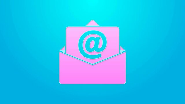 Pink line Mail and e-mail icon isolated on blue background. Envelope symbol e-mail. Email message sign. 4K Video motion graphic animation