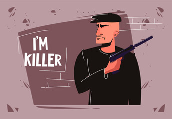 Vector illustration of a menacing man in dark clothing and a beret holding a silenced pistol in his hand, a killer