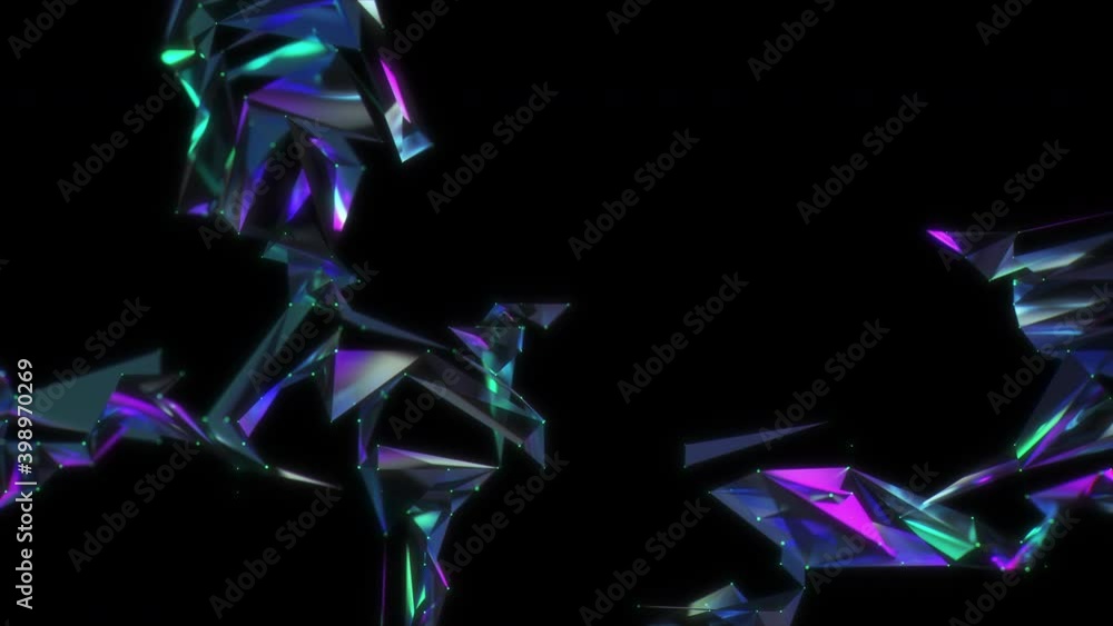Poster 4k abstract animation. growing lowpoly triangle crystals. neon reflection on triangles. blue and vio