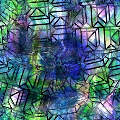 Fototapeta premium Seamless abstract color blobs with geometric geo shape overlay. High quality illustration. Painterly dye-like blue purple and green bleed watery background color with beautiful pattern overlay.