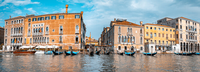 Old italian architecture with landmark bridge, romantic boat. Venezia. Grand canal for gondola in...