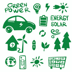 Green power and solar energy sticker hand drawn icon set, Flat vector illustration.Renewable resources.Ecology.Nature road electro car and vehicle.Symbol industrial generation eco car.