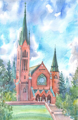 St. Michael's Cathedral in Turku city in Finland on a summer day, drawing, watercolor