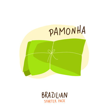 Pamonha. Sweet Corn Cake. Brazilian Portuguese Hand Lettering Calligraphy with drawings. Brazilian Starter Pack. Vector.