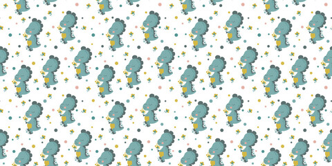 Fototapeta na wymiar Cartoon seamless pattern of little cute smiling dinosaurs tyrannosaurus holding flowers and sniffing them and multicolored circles on a white background. Repeating baby dragons. Vector.