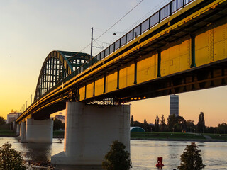 Green metal bridge in Belgrade on the Sava river