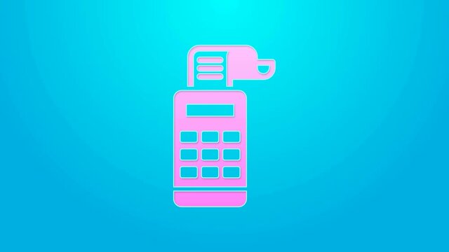 Pink line Cash register machine with a check icon isolated on blue background. Cashier sign. Cashbox symbol. 4K Video motion graphic animation