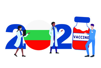 2021 year. Covid-19 vaccine with Bulgaria flag and doctors on white background. Bulgariacard on the theme of fighting the COVID-19 epidemic with the hope of receiving a vaccine by 2021