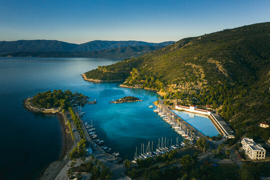 Methana coastline and marina in Aegean sea, Greece.