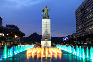 Illuminated water fountain in downtown Seoul, South Korea.