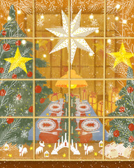 Christmas illustration with decorated store front
