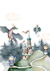 The knight brave cute princess on dragon. Hand drawn watercolor isolated nursery kid cartoon illustration on white background © Anna Terleeva