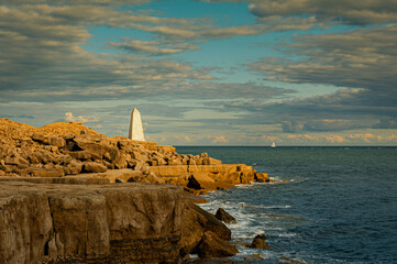 The Trinity House Obelisk  located at Portland Bill, on the Isle of Portland, Dorset, England. Built in 1844 as a daymark to warn ships off the coast of Portland Bill.