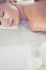 Obraz na płótnie Canvas Young woman in spa salon, getting stones massage
