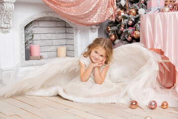 Christmas shooting of a cute little girl in the studio with wings