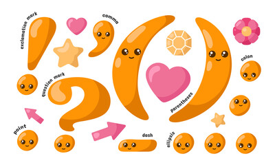 Set of cute smiling orange kawaii punctuation marks in doodle style. Colored funny cartoon isolated vector illustration in flat design with shadows	