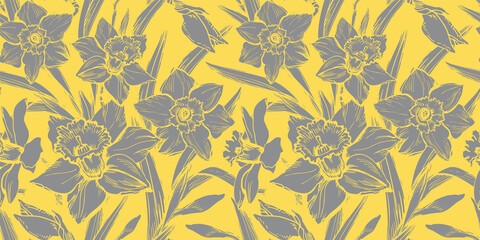 Floristic seamless pattern with closeup grey silhouettes of daffodil flowers in full bloom. Colors trend hand drawn vector graphic. Template for textile, wallpaper, bedding, floral design.